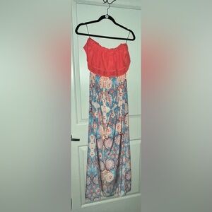 Strapless Coral and Blue Maxi Dress